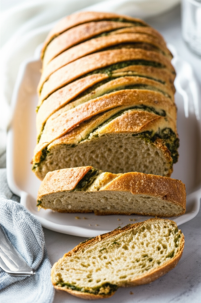 Sliced loaf of golden-brown French herb bread on a white plate, showing herb filling.