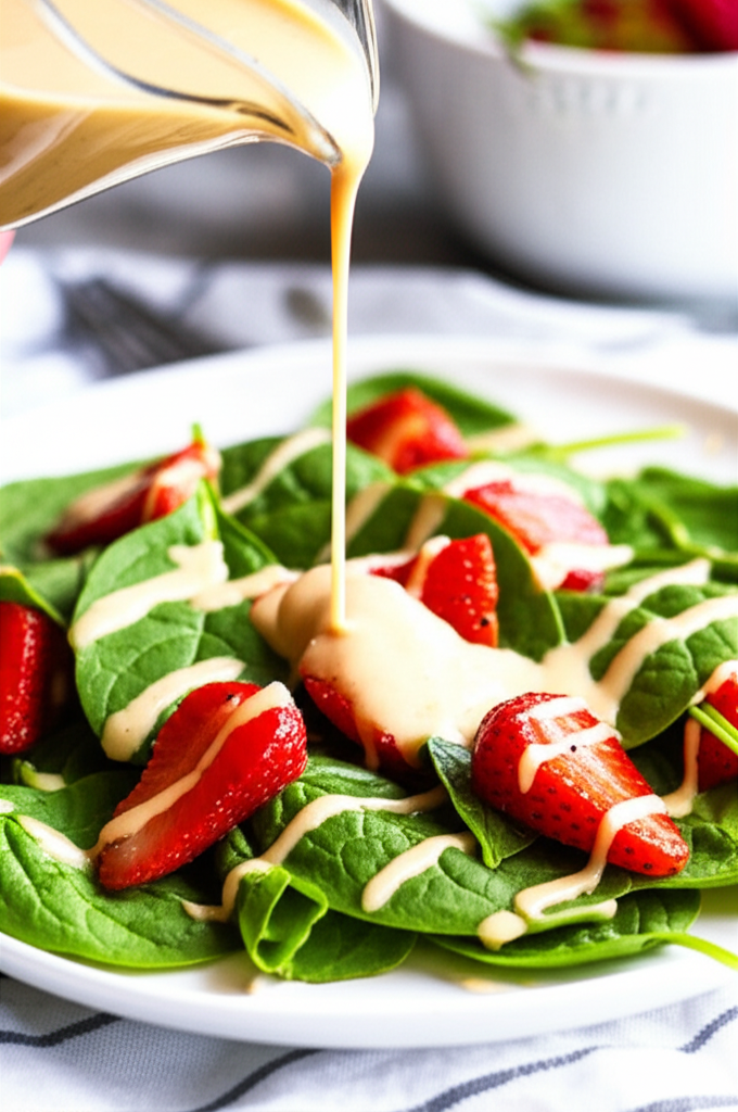 Spinach salad with sliced strawberries and creamy dressing being poured on top.