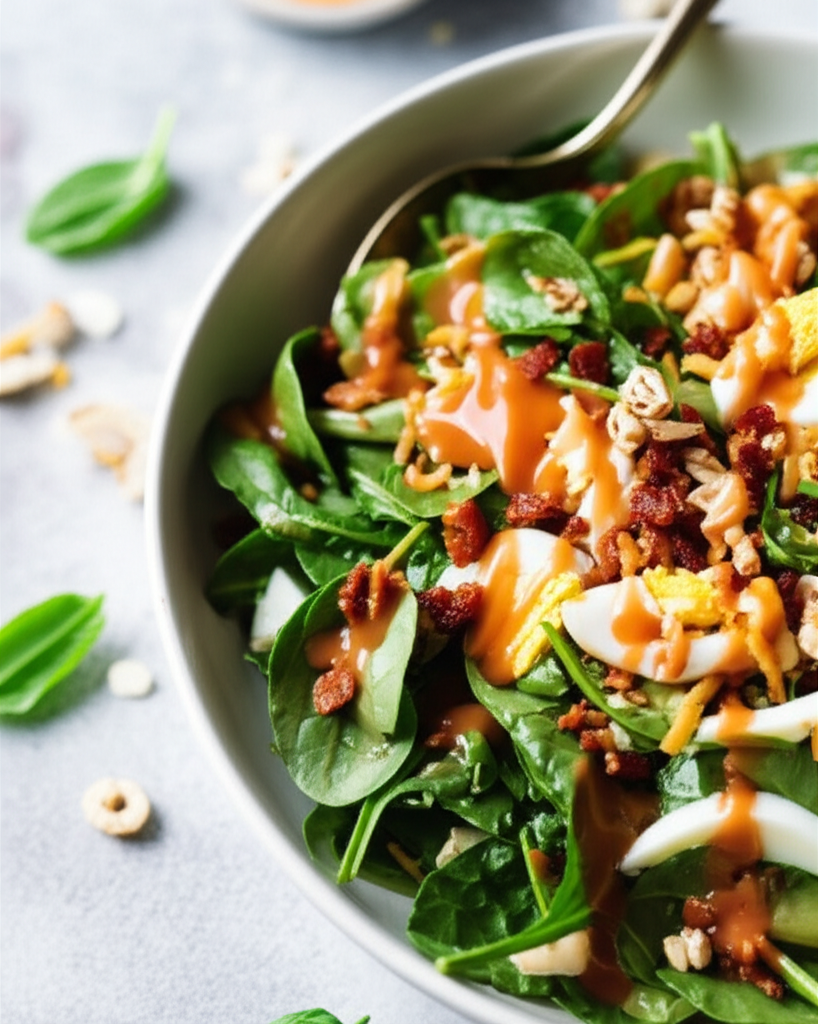 Spinach salad with bacon, hard-boiled eggs, cereal, cheese, and dressing in a white bowl.