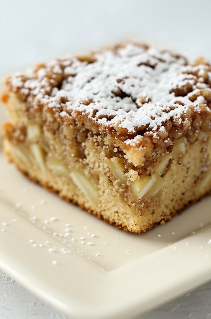 Square slice of apple coffee cake with crumb topping and powdered sugar on a cream-colored plate.