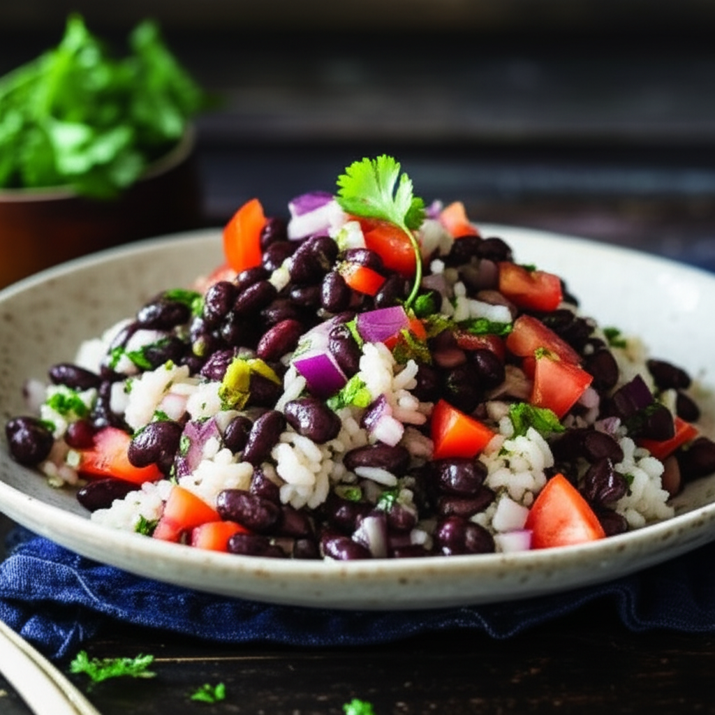 Black bean and rice salad with diced tomatoes, red onion, and cilantro in a shallow bowl.