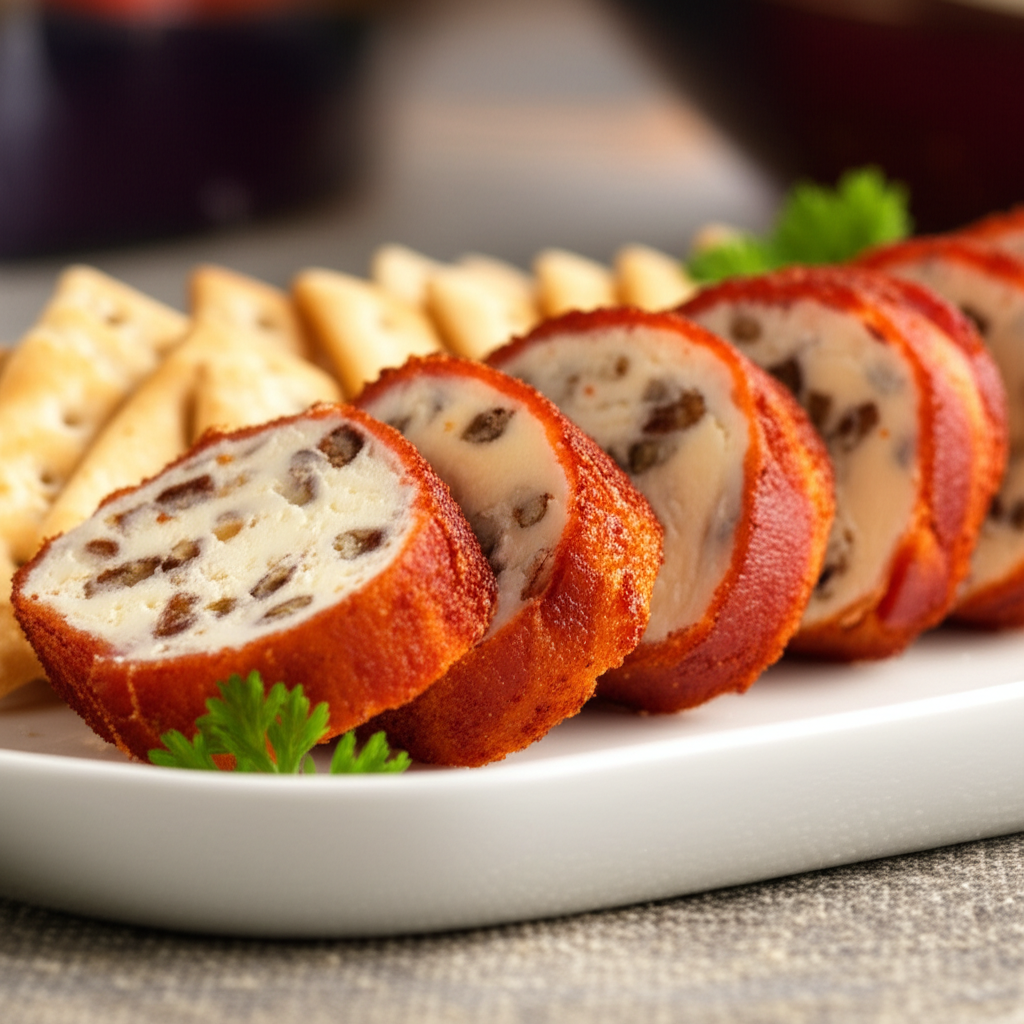 Sliced bacon cheese logs with crackers on a white plate. The logs have a creamy filling with visible nuts.