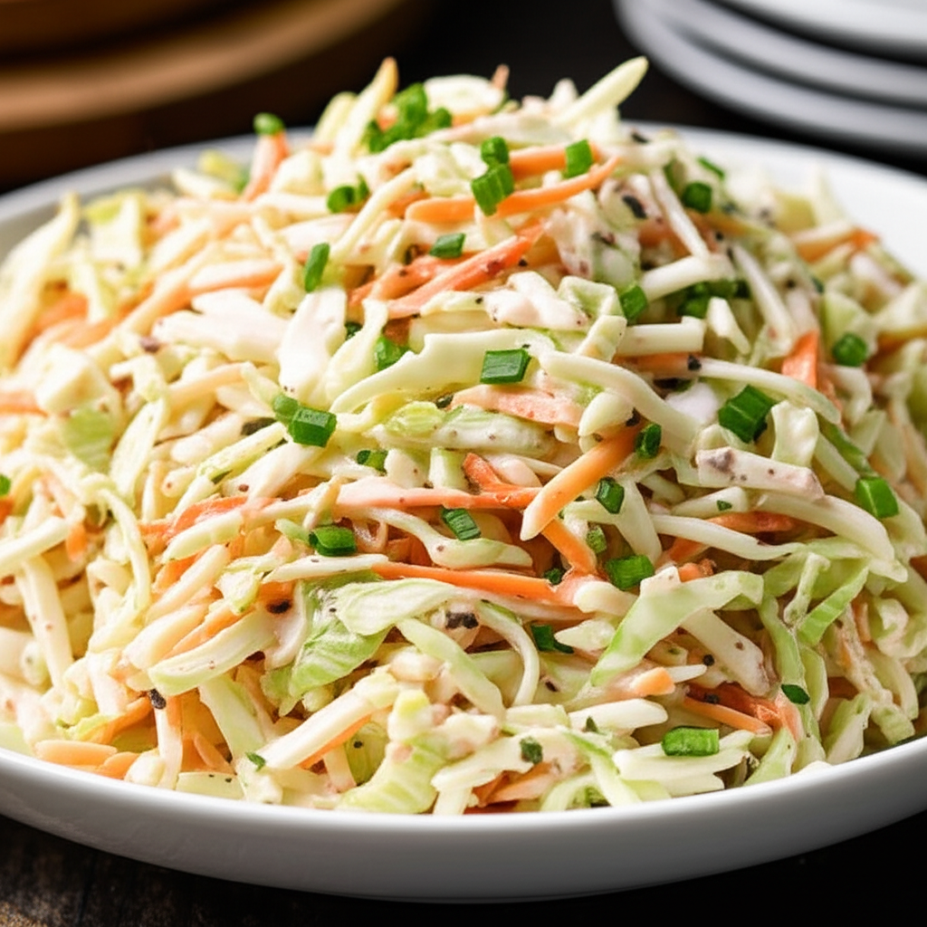Creamy coleslaw with shredded cabbage, carrots, and green onion in a white bowl.