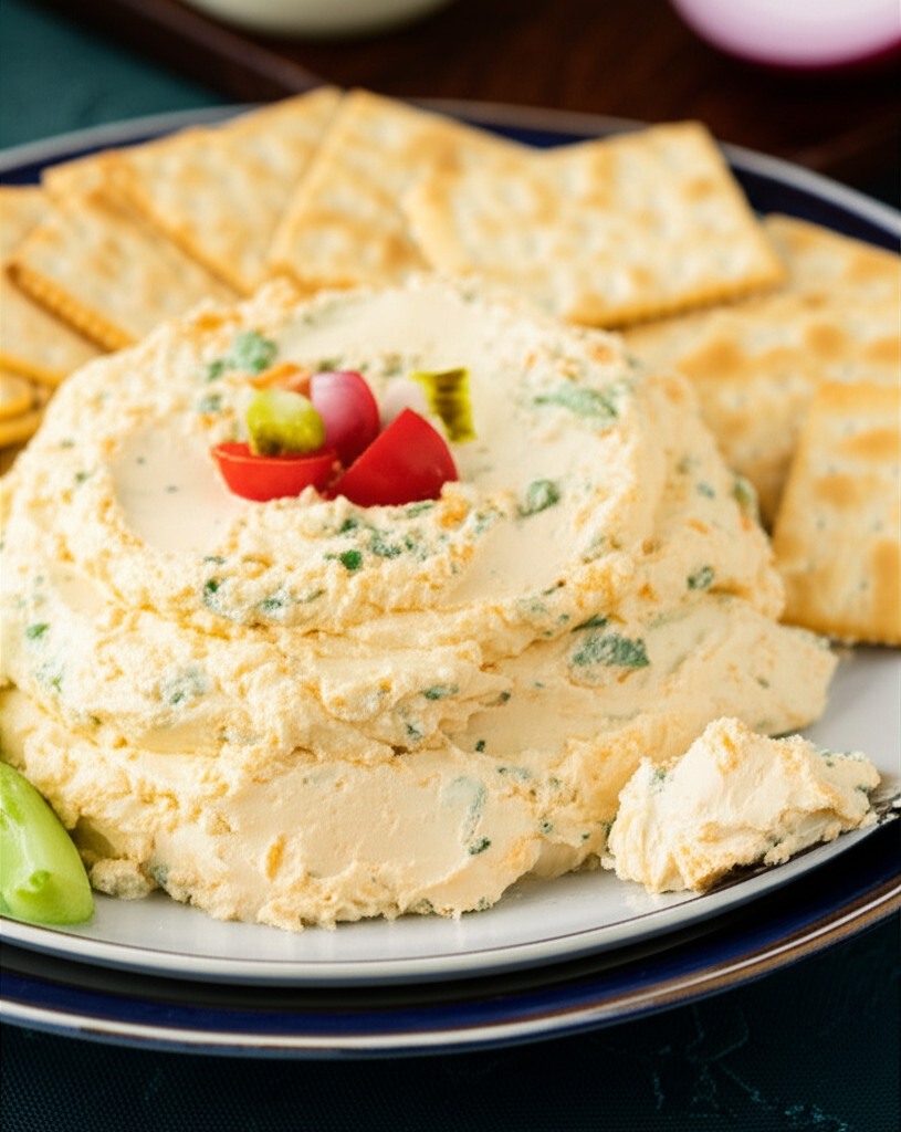 Herb-flecked cheese spread, garnished with radish and tomato, served with crackers on a blue-rimmed plate.