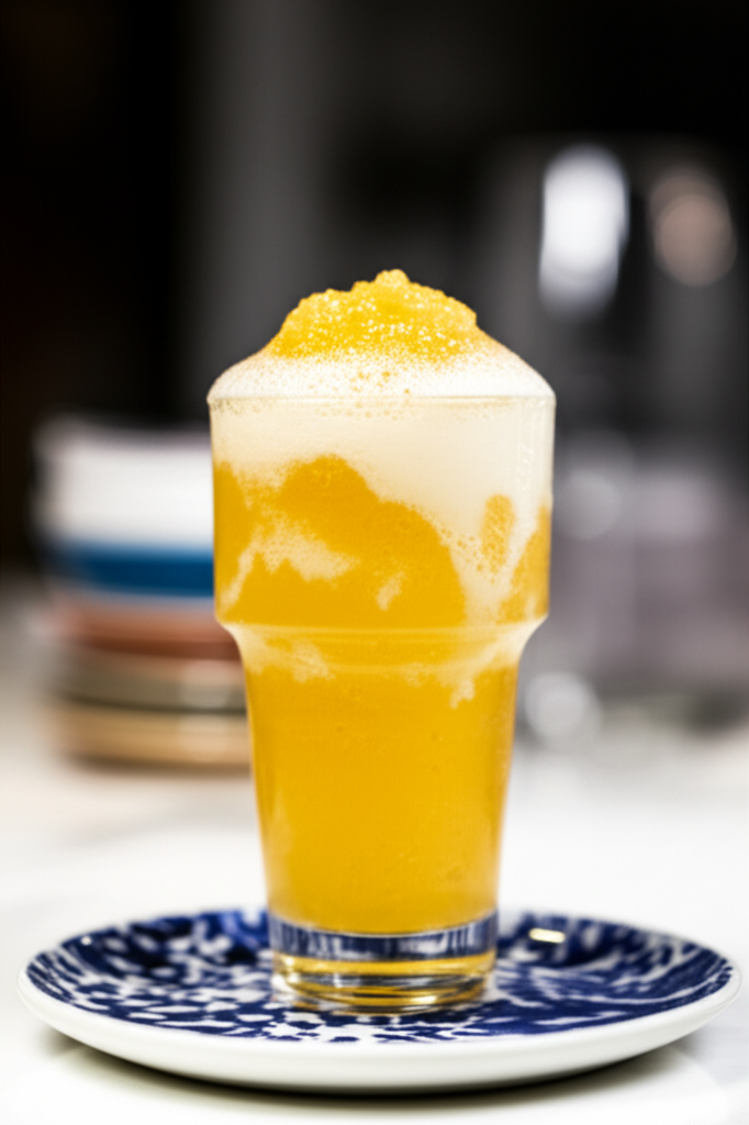 Frothy yellow banana crush drink in a glass on a blue and white patterned saucer.