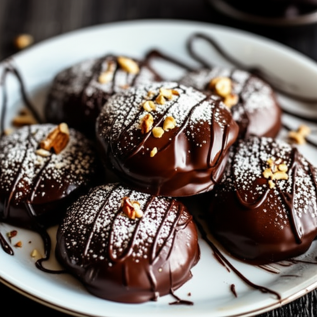 Chocolate cookies on a plate, drizzled with chocolate, dusted with powdered sugar, and topped with chopped nuts.