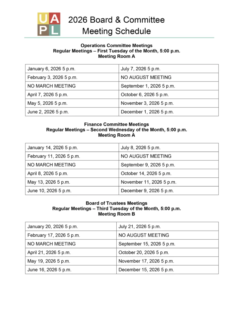 The 2026 Board and Committee meeting schedule as PDF