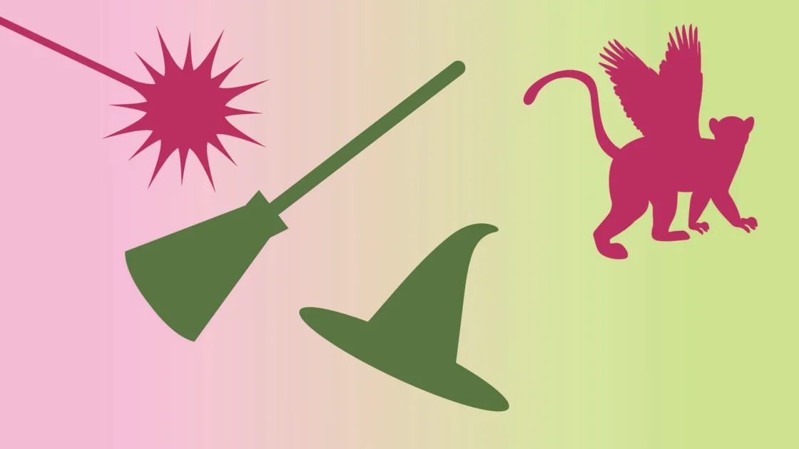 Pink laser burst, green witch's broom & hat, magenta winged creature on a pink-green gradient.