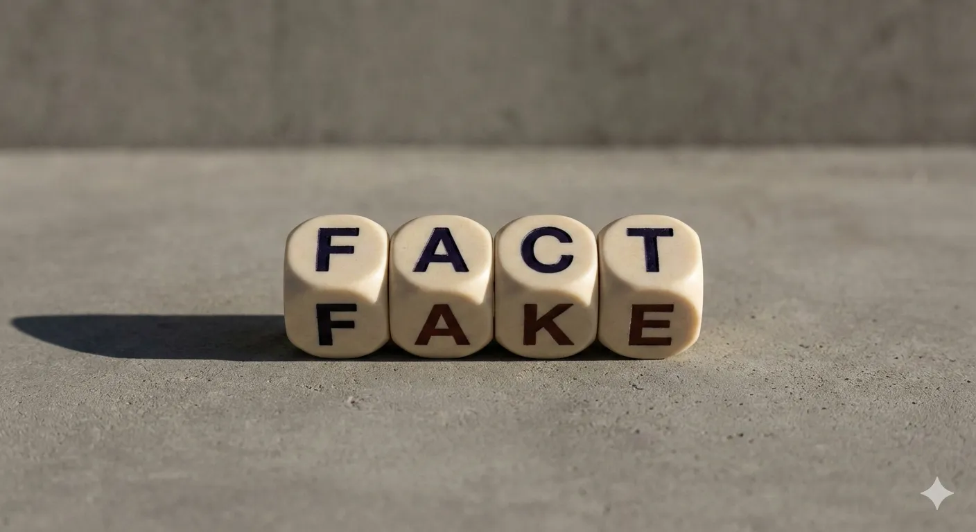 White letter blocks spell "FACT" above "FAKE" on a textured grey background.