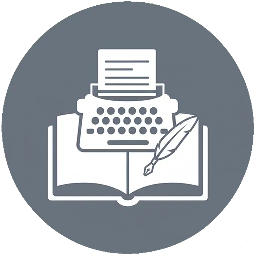 Icon of a typewriter, open book, and quill pen, representing writing and authorship.