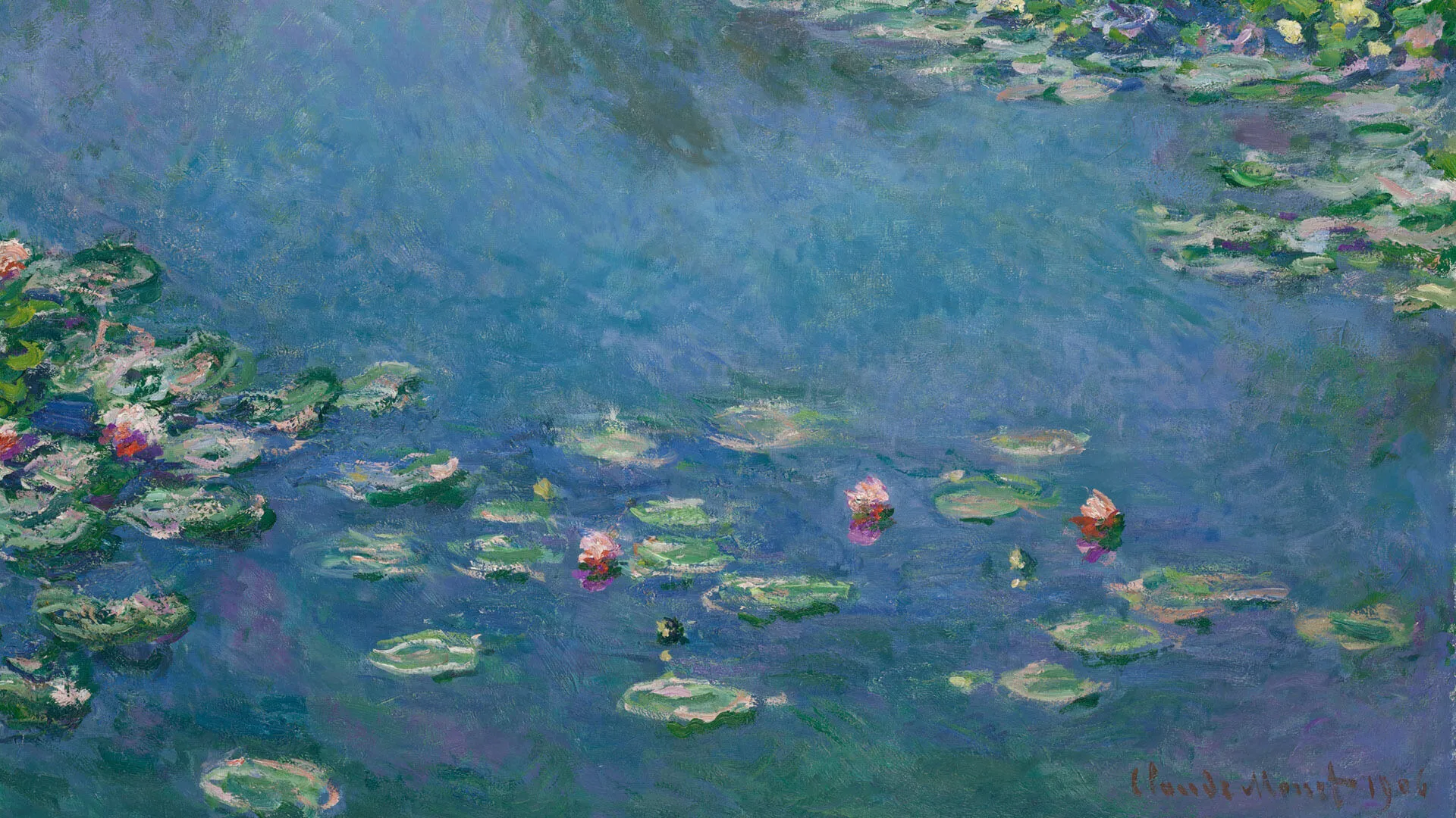 Impressionist painting of a blue water lily pond with green pads and pink and white flowers.