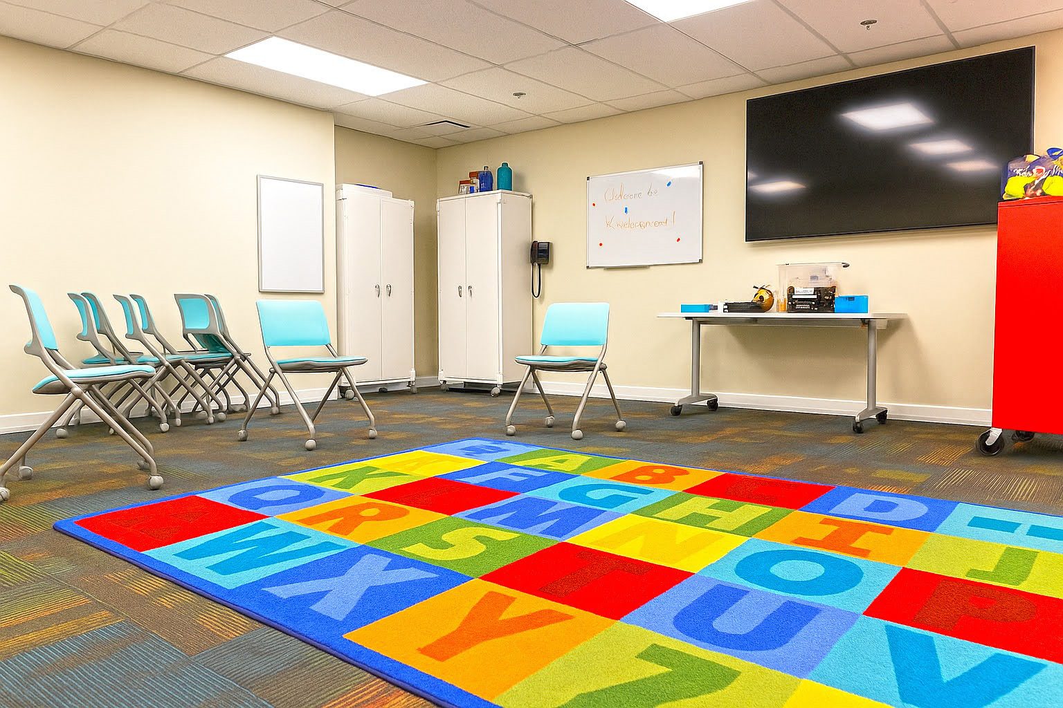 Vibrant children's learning space with an alphabet rug, aqua chairs, whiteboards, and TV.