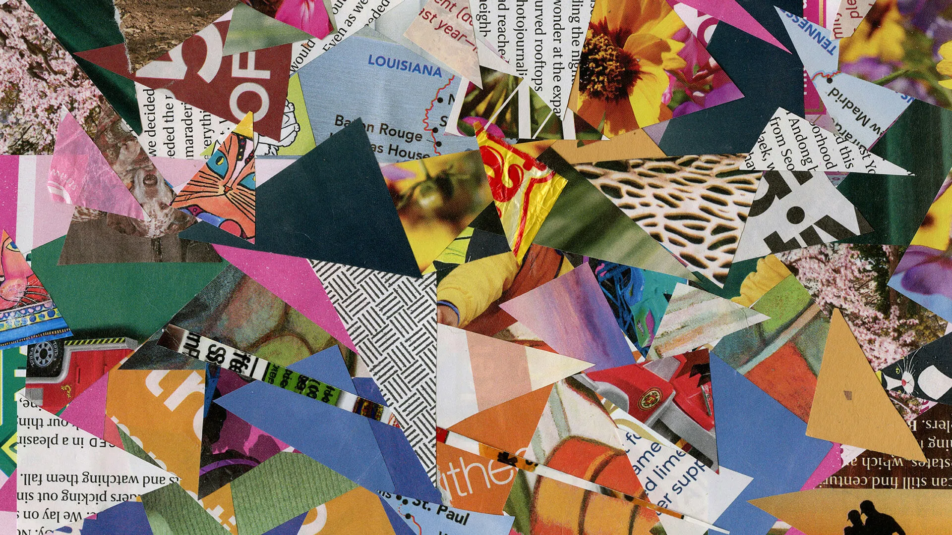 Colorful abstract collage of triangular paper pieces showing diverse images, text, and patterns.