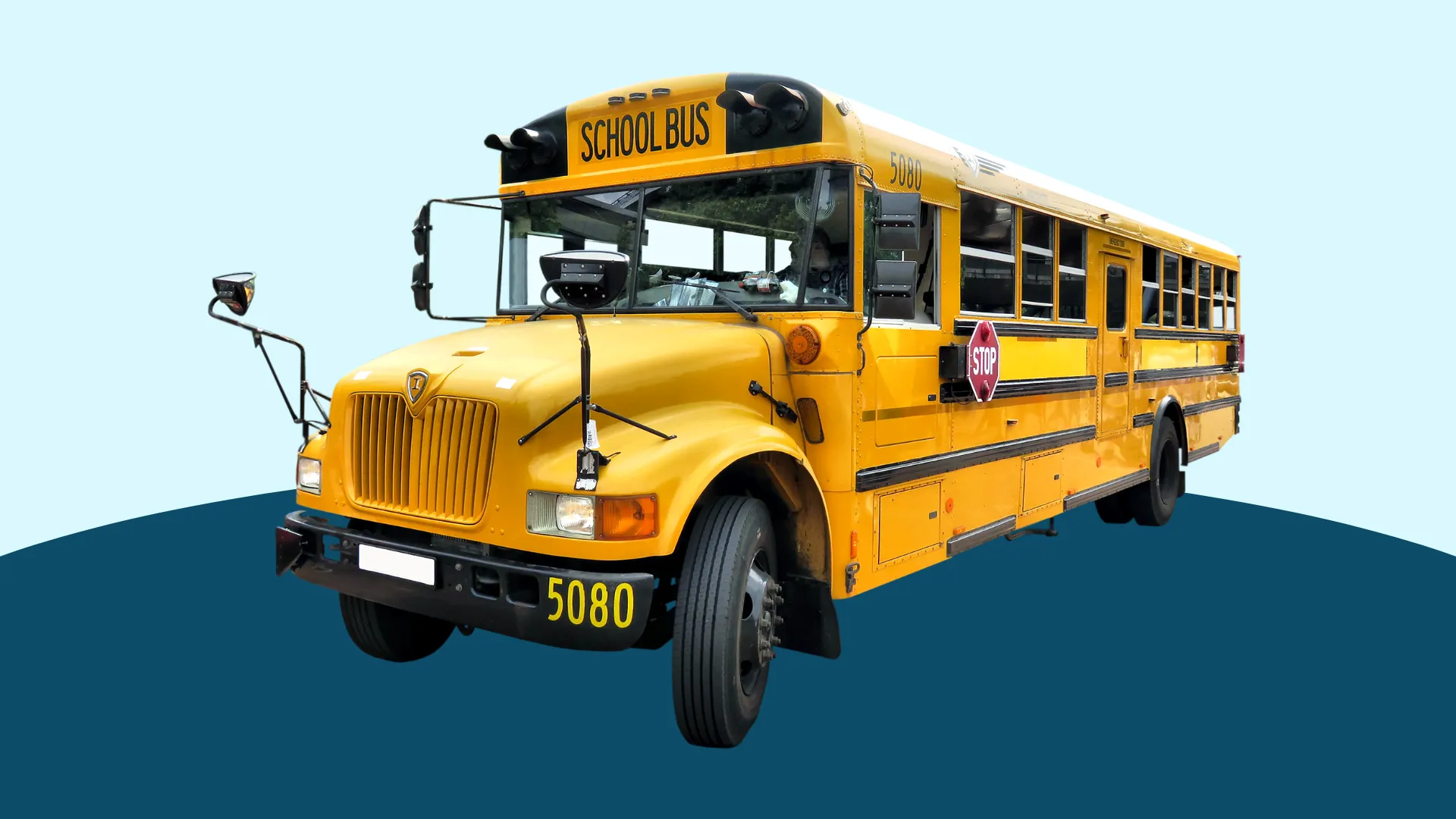 Yellow school bus with "SCHOOL BUS" text and stop sign, angled against a blue background.