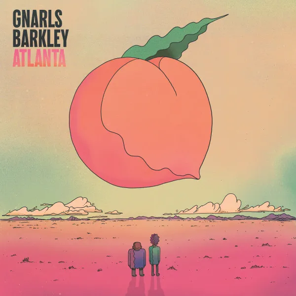 Gnarls Barkley 'Atlanta' art: A giant peach floats over two small figures in a pink desert.
