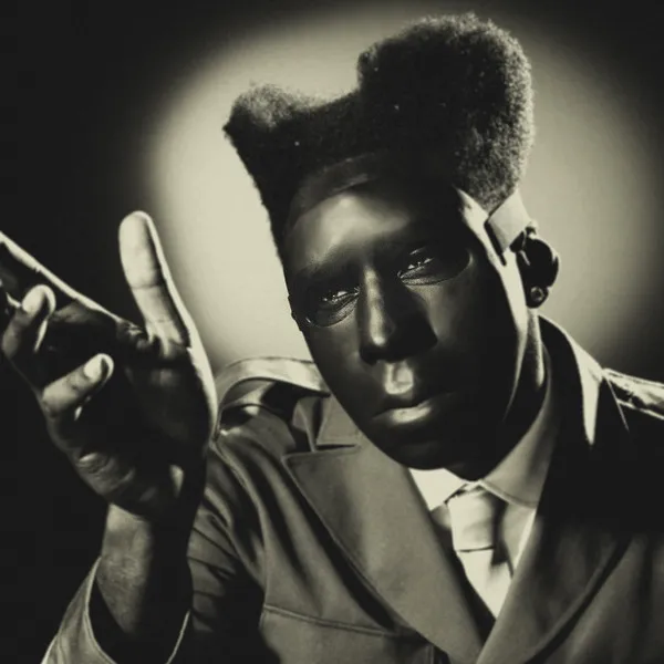 Album cover. Black and white portrait of a person with a split high-top fade and metallic mask in a trench coat.
