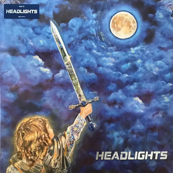 Album cover. Fantasy painting of a figure holding a mirror-bladed sword toward a full moon in a cloudy blue sky.