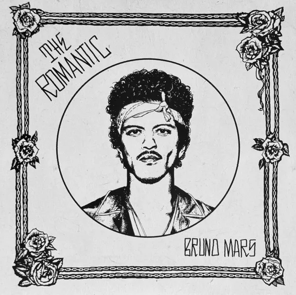 Black and white illustration of Bruno Mars with curly hair, bandana, mustache, text "THE ROMANTIC", and a rose and chain border.
