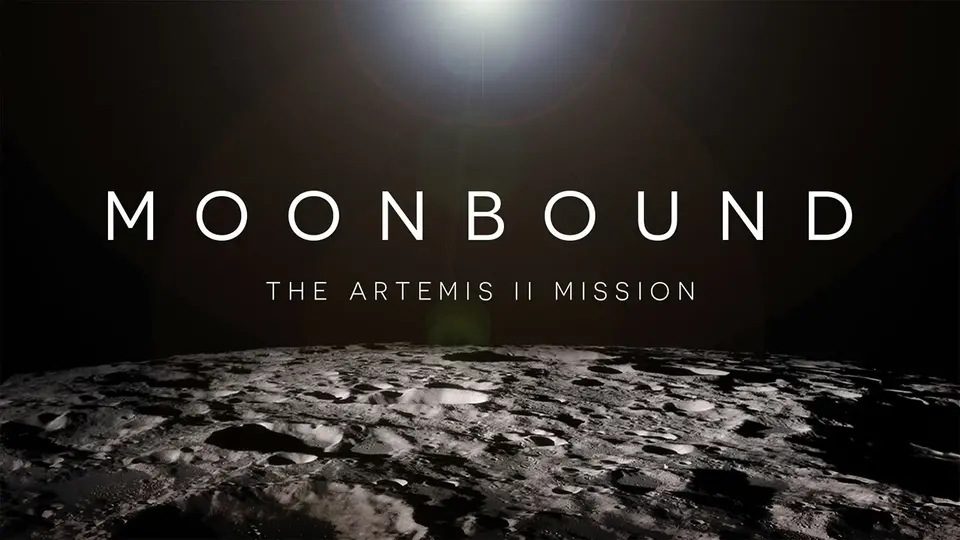Movie poster. In a dramatic movie poster, the lunar surface is shown in sharp detail in the foreground, looking dark and cratered. Above, large white letters spell 'MOONBOUND' against the darkness of space, with the words 'THE ARTEMIS II MISSION' in smaller text below. A strong, bright light is at the top center of the composition.