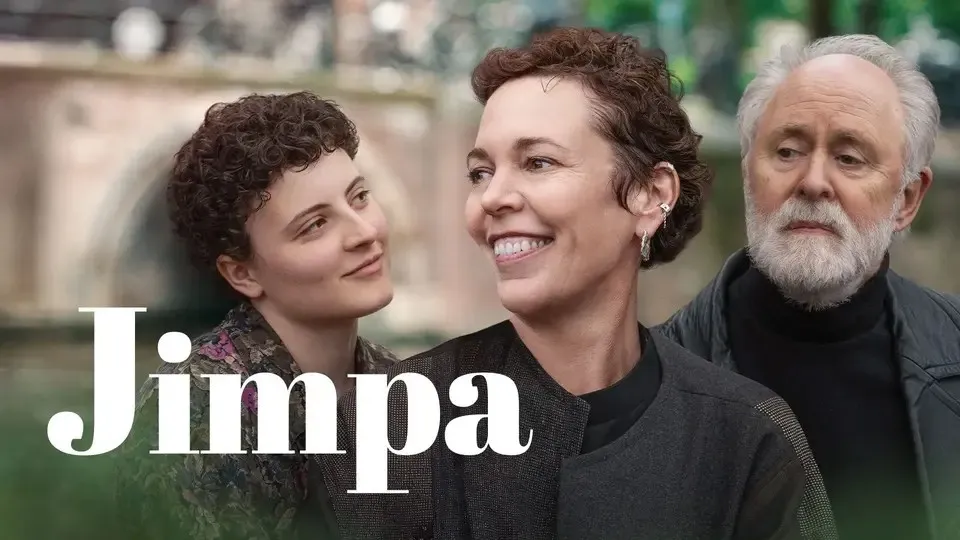 Jimpa poster: Young person looks at smiling woman, older bearded man looks serious.