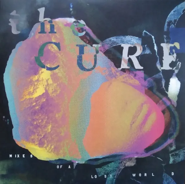 Album cover: The Cure's 'Mixes of a Lost World' with a vibrant, abstract, pixelated blob design.