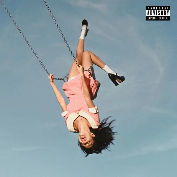 Woman in pink dress and heels hangs upside down from a swing against a blue sky.