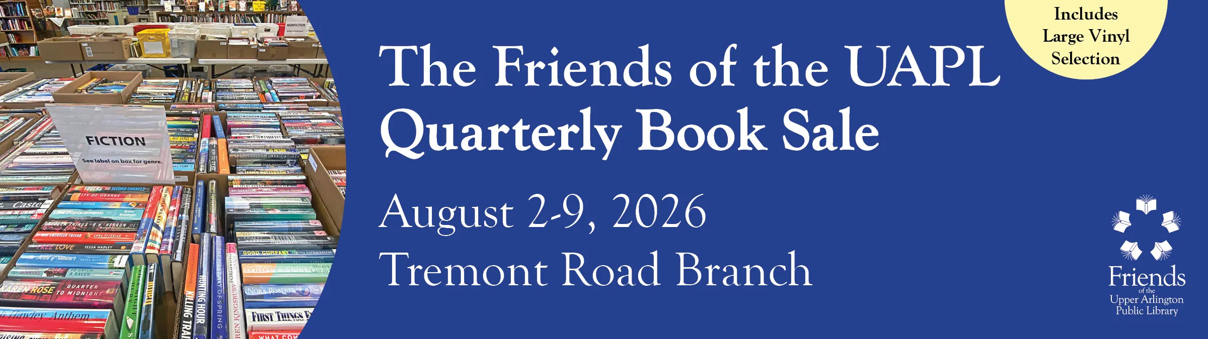 Banner image announcing the quarterly book sale of the Friends of the Upper Arlington Public Library, Aug. 2-9, 2026