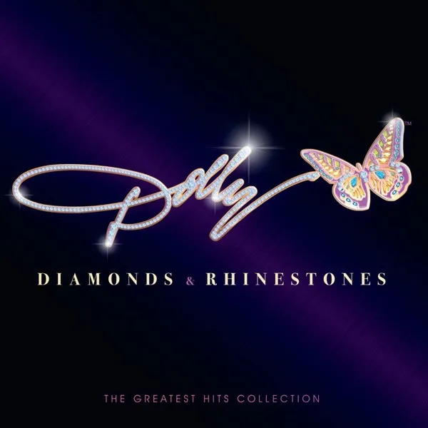 Dolly Parton's "Diamonds & Rhinestones" greatest hits album cover featuring a jeweled butterfly.