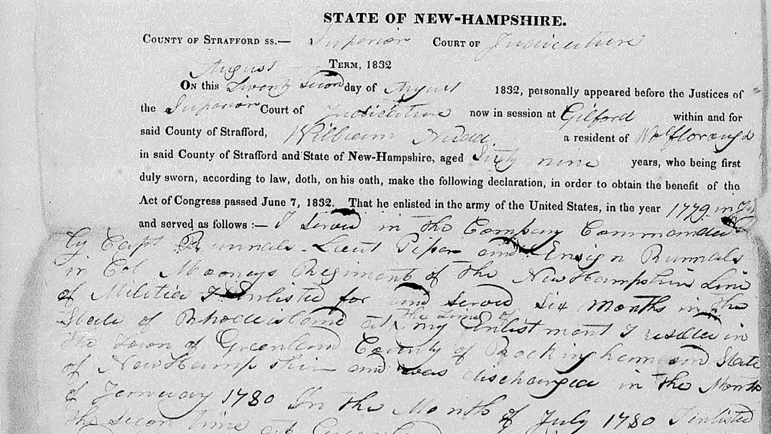 A 1832 legal document from New Hampshire declaring military service in the Revolutionary War.