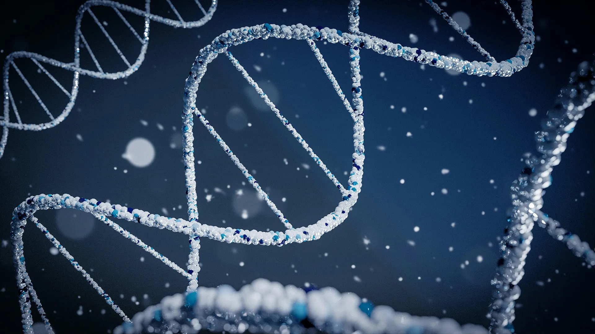 A 3D render of multiple DNA strands floating against a dark blue background with scattered particles.
