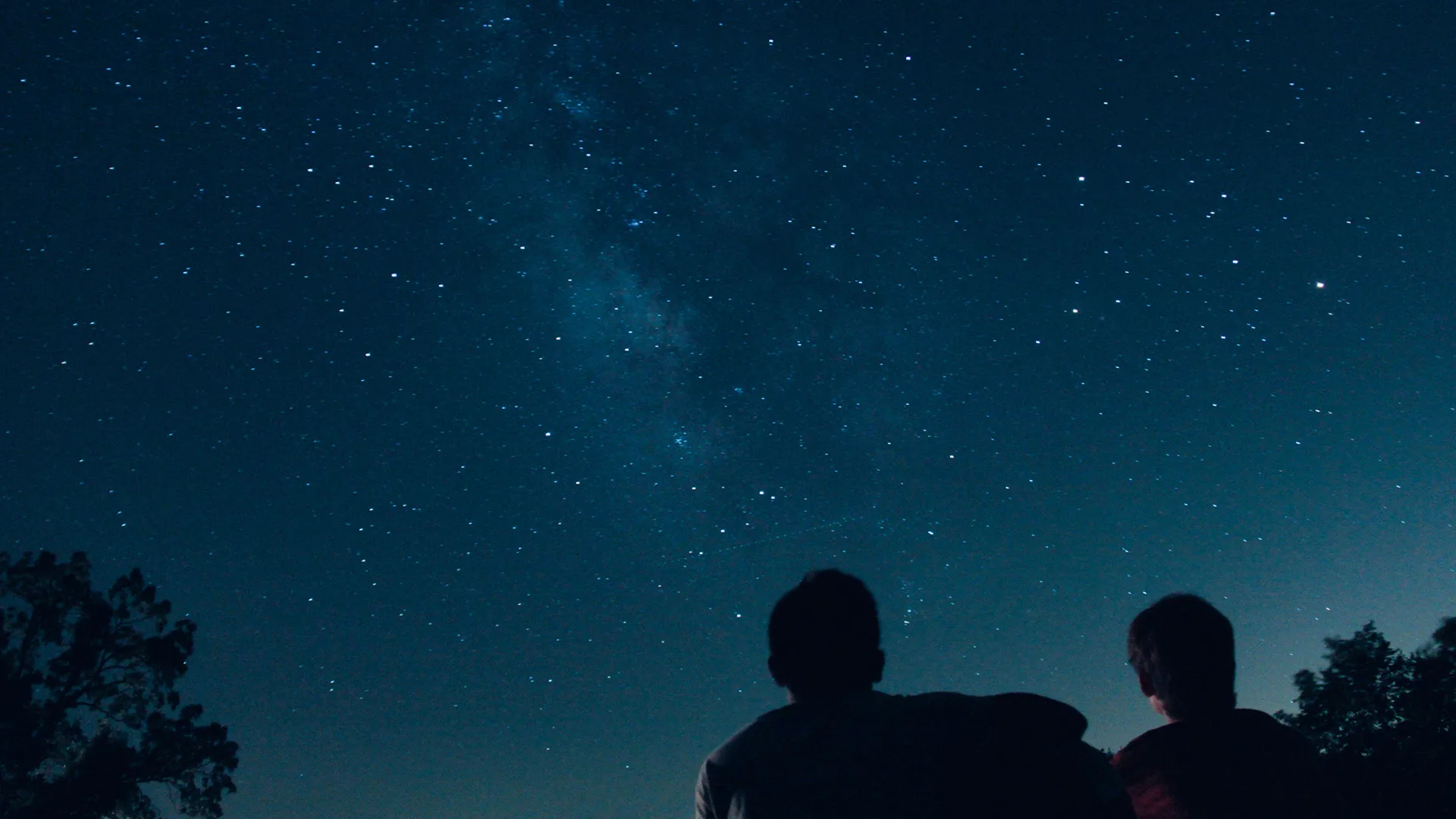Silhouettes of two people viewed from behind looking up at a vast, starry night sky with the Milky Way visible.