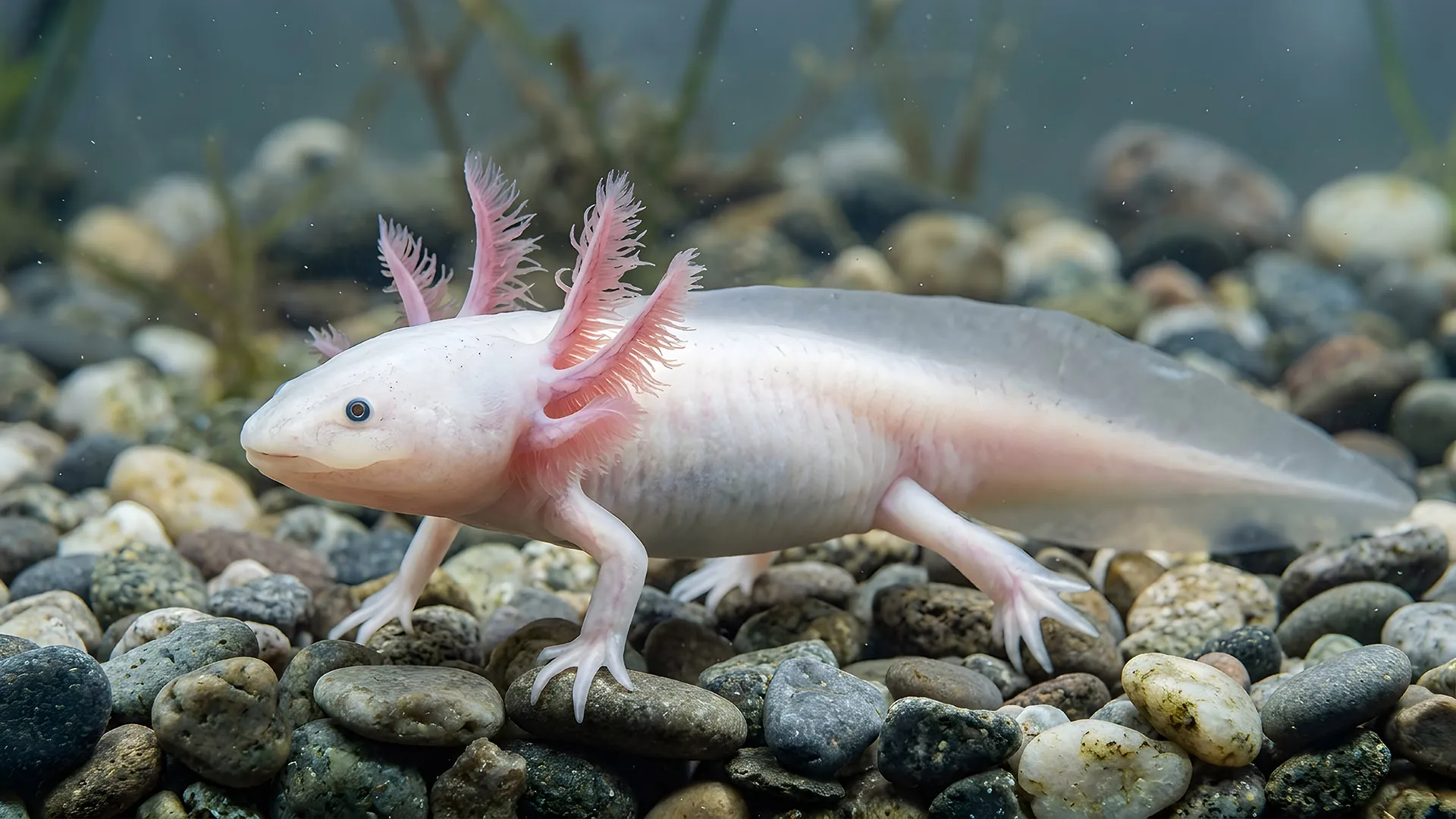 A white axolotl with pink external gills standing on a pebble-covered aquarium floor.